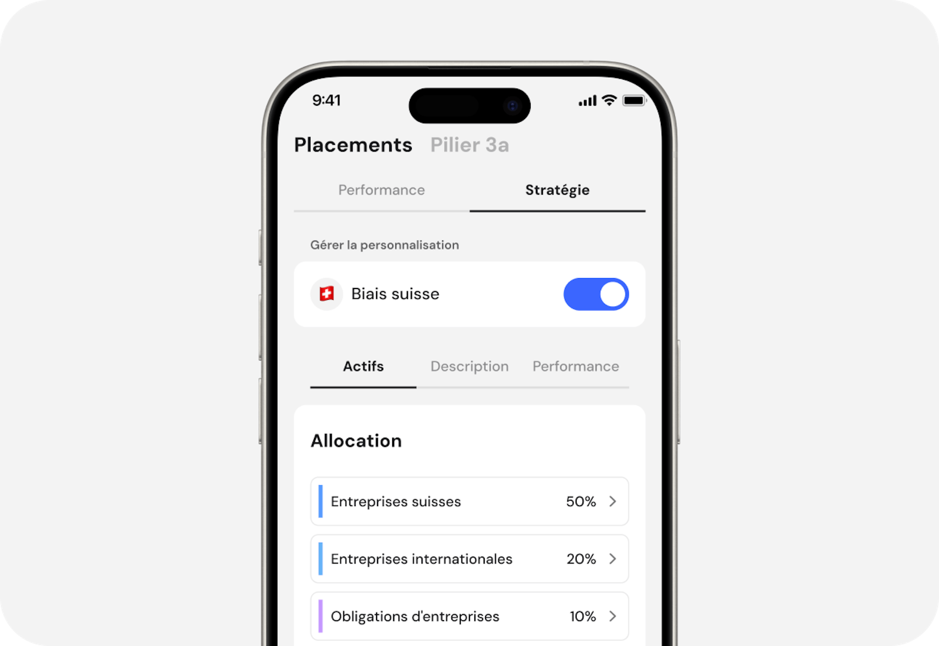 Affichage mobile de la personnalisation du biais suisse activé