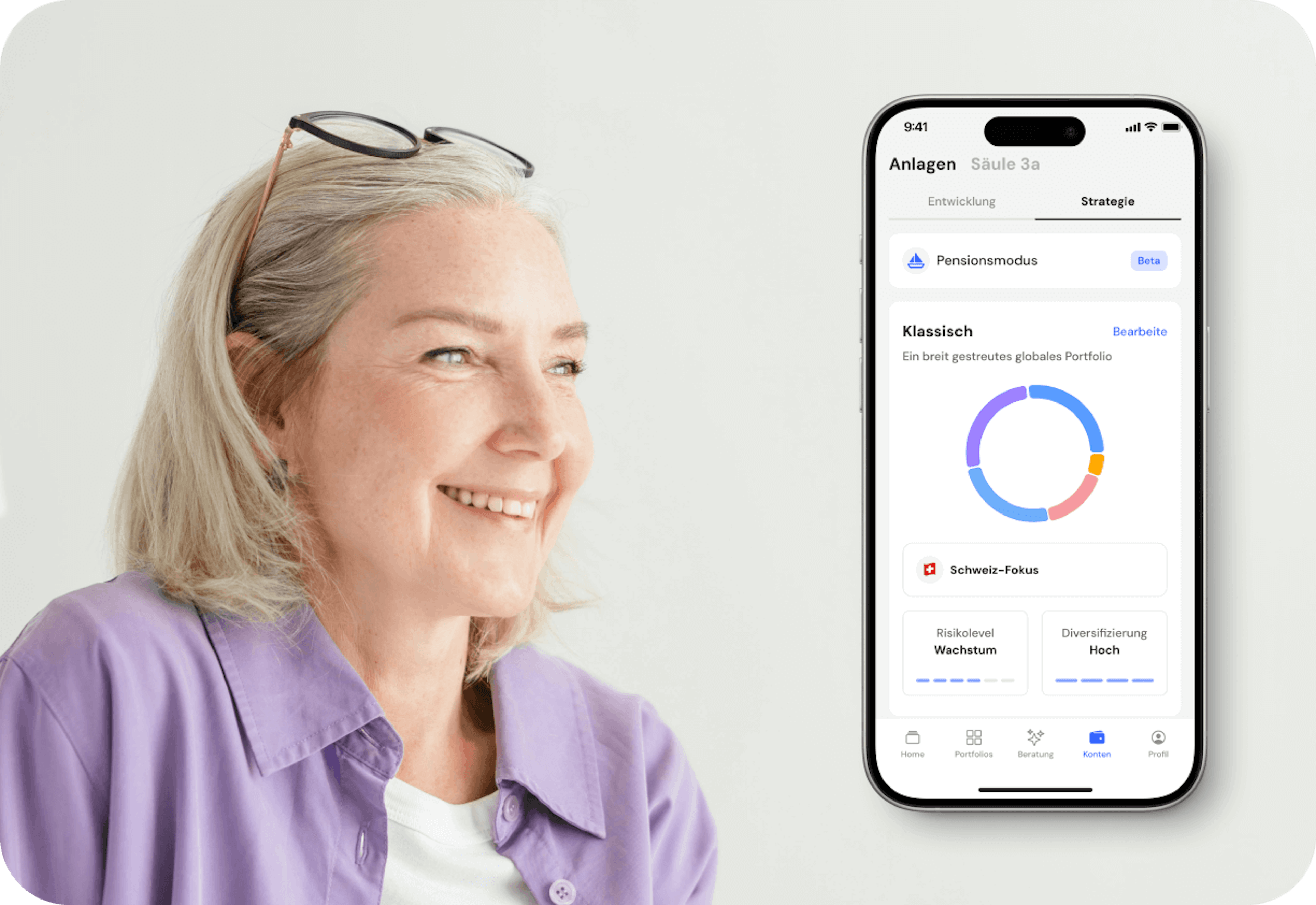 Bild eines Rentners mit eingeschalteter pensionsmodus in der mobilen App