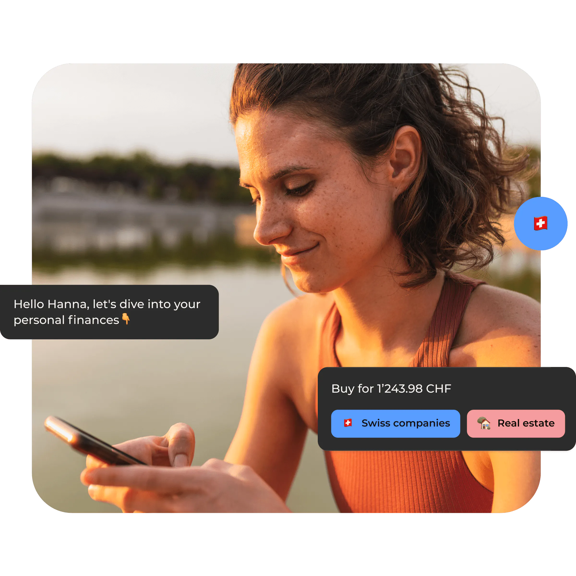 Woman holding a phone with Selma interface elements