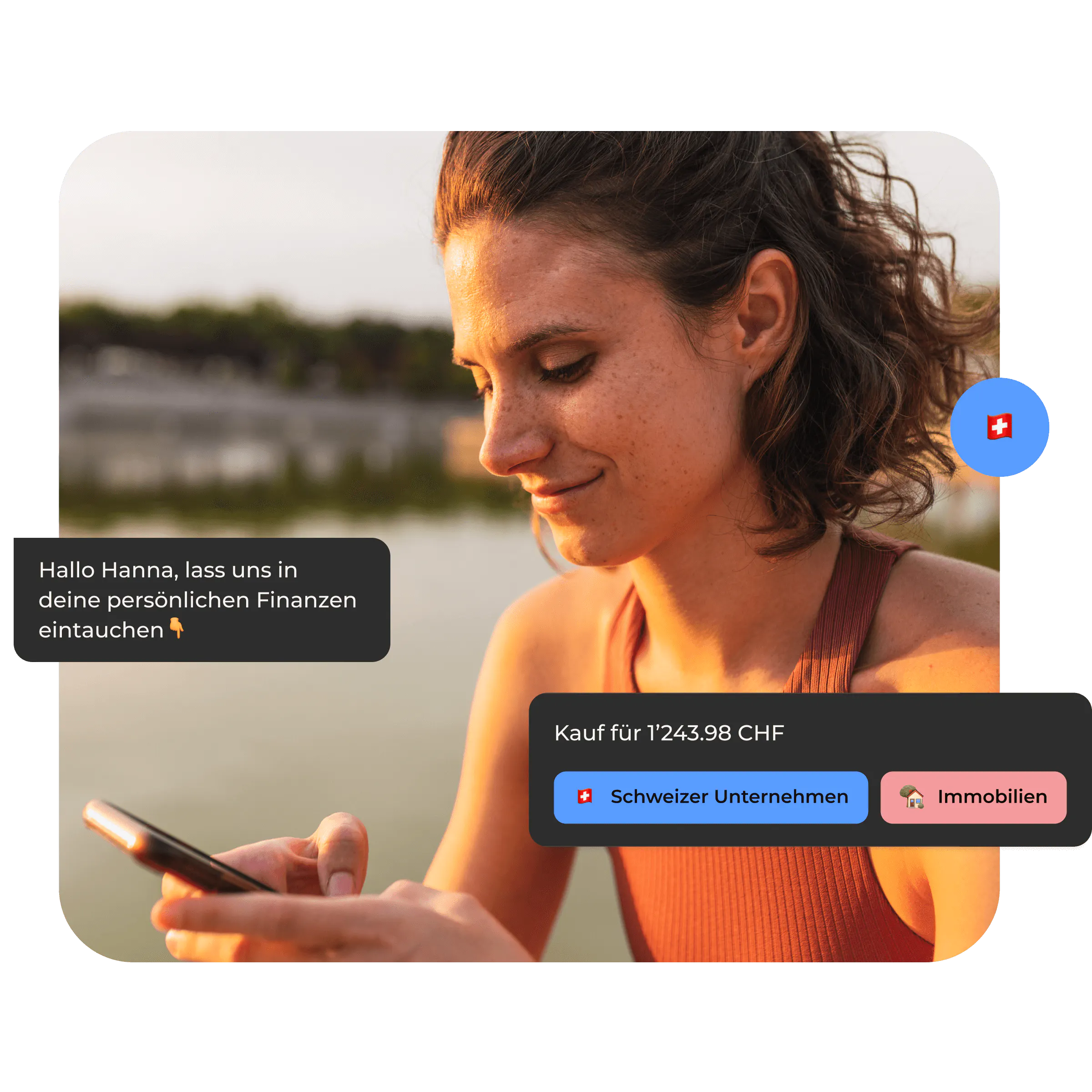 Glückliche Frau hält ein Telefon mit Selma-Schnittstellenelementen