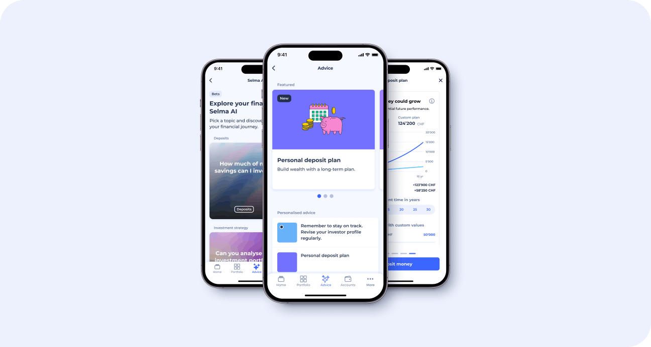 Screens of mobile deposit plan and AI