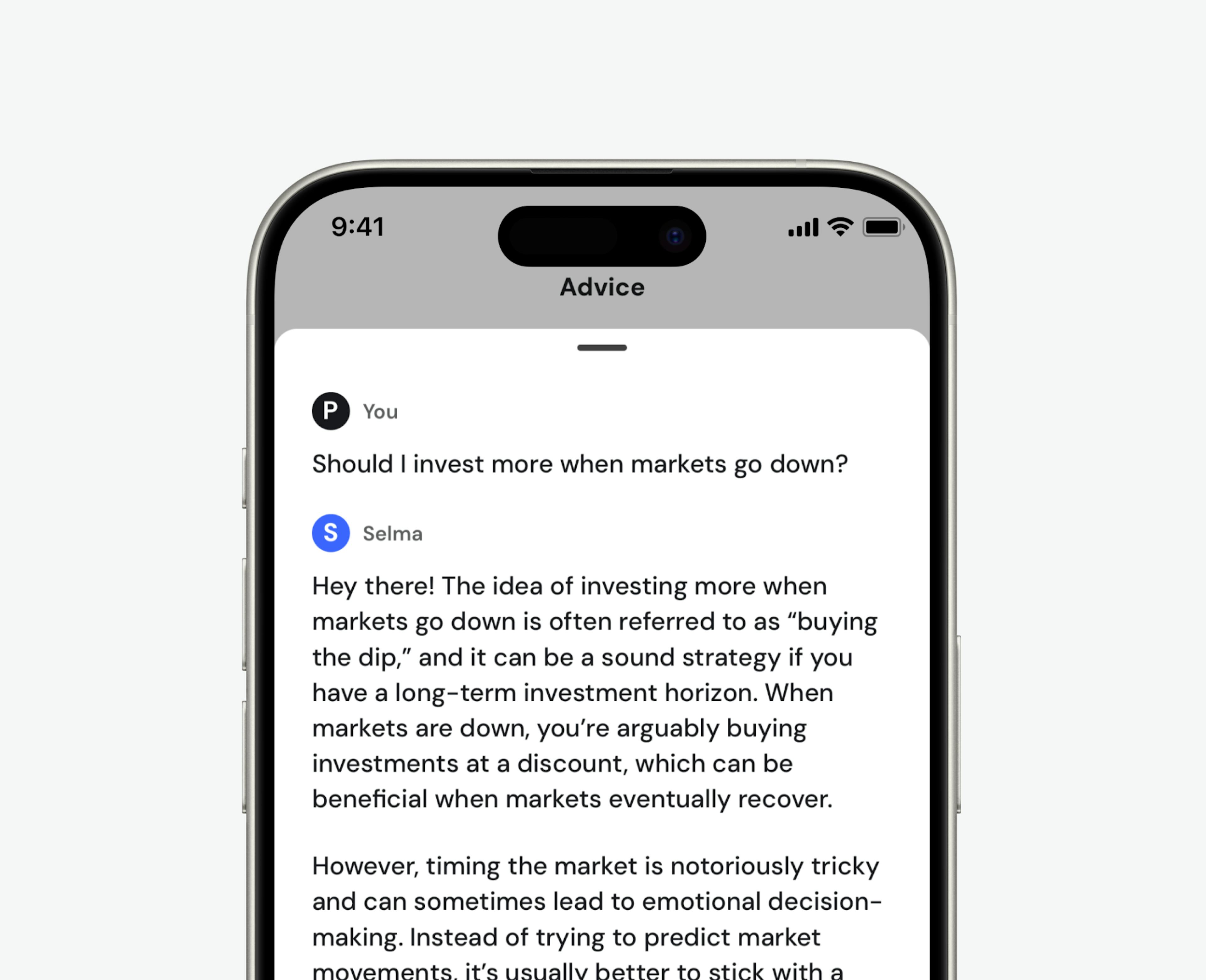 Chat screen of Selma AI giving advice about investing when markets go down