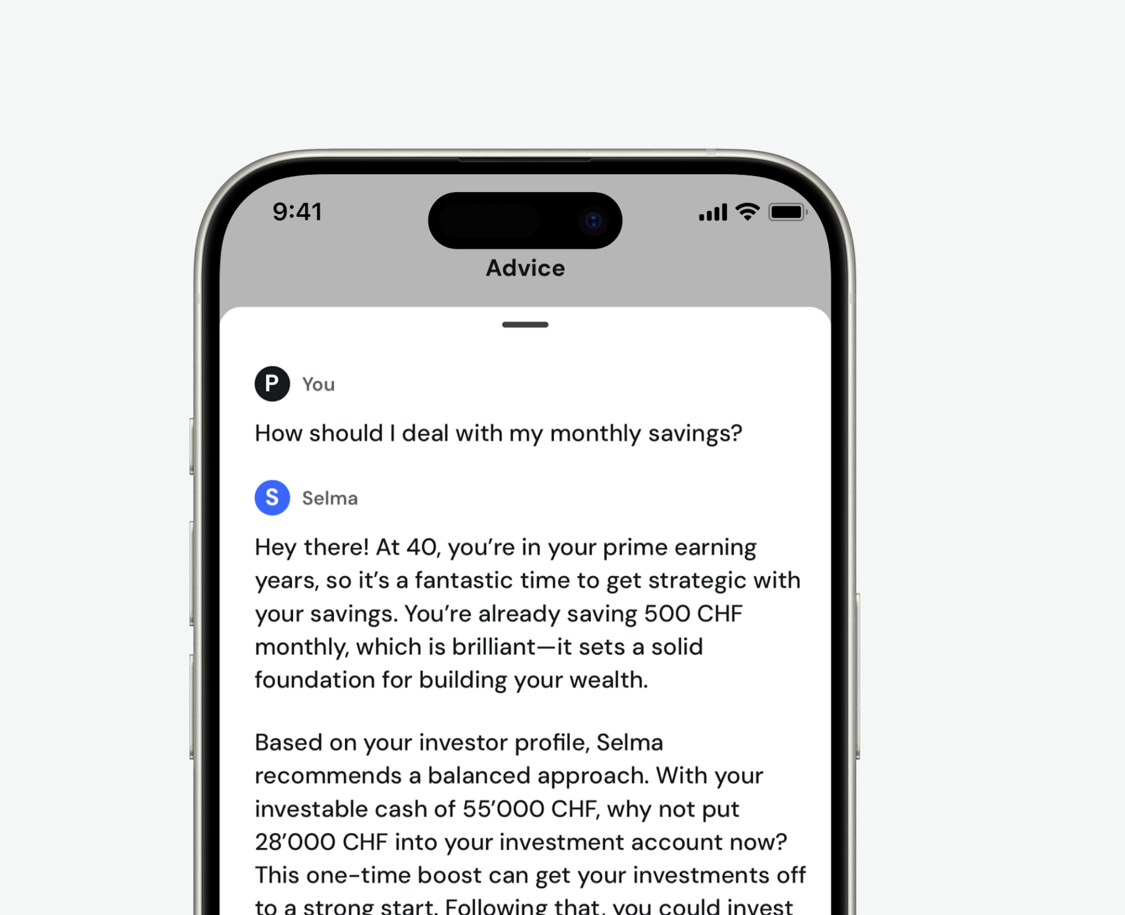 Chat screen showing Selma AI giving advice on how to deal with monthly savings