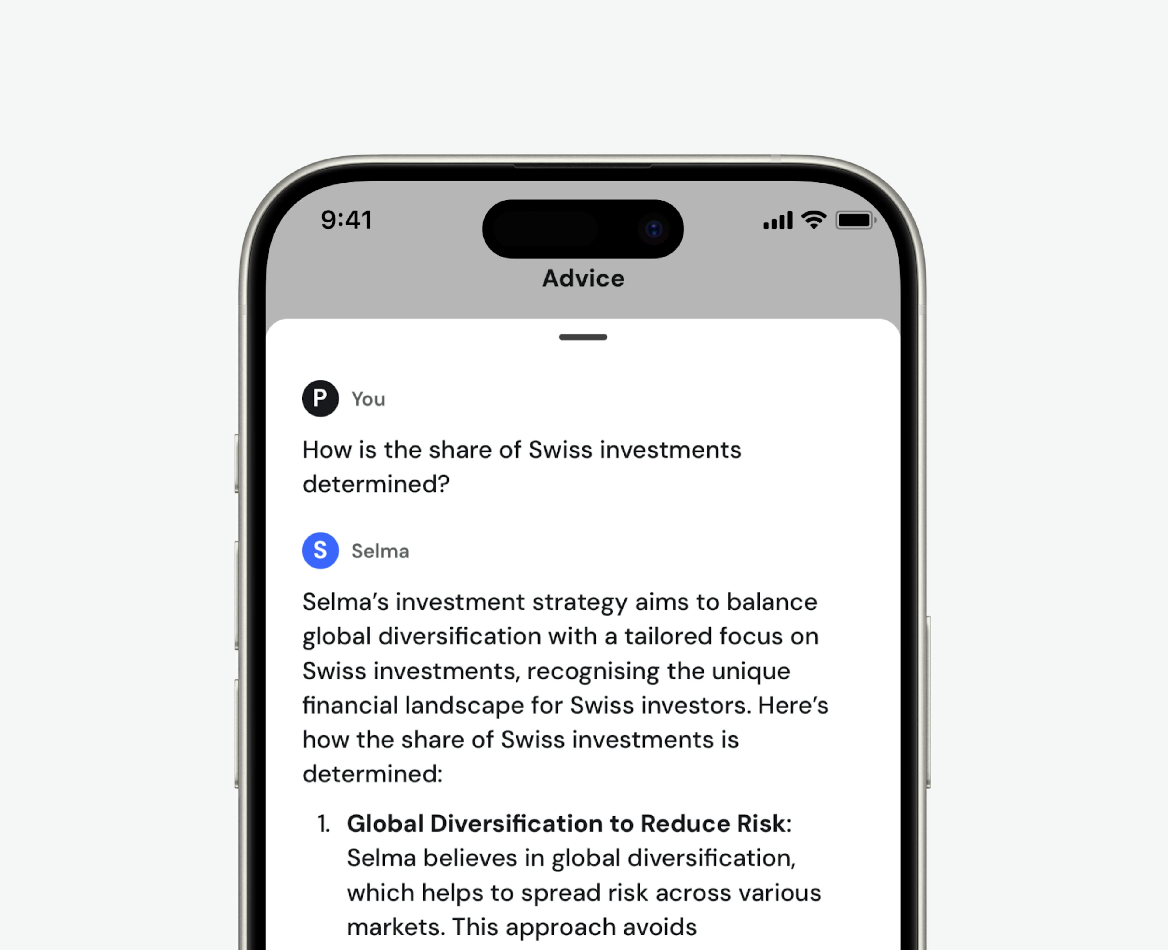 Chat screen where Selma AI explains how the Swiss investment share in the portfolio works.