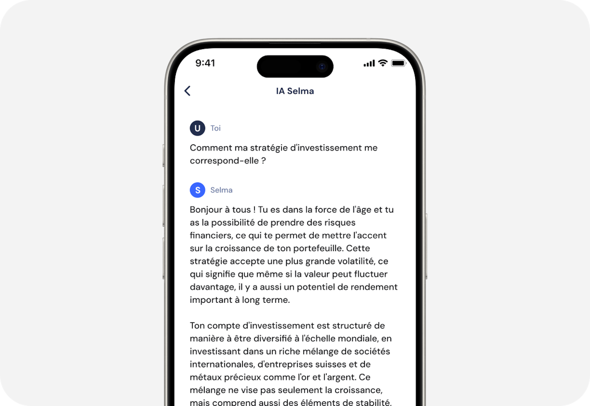 Image de Selma AI chat sur la stratégie d'investissement fit
