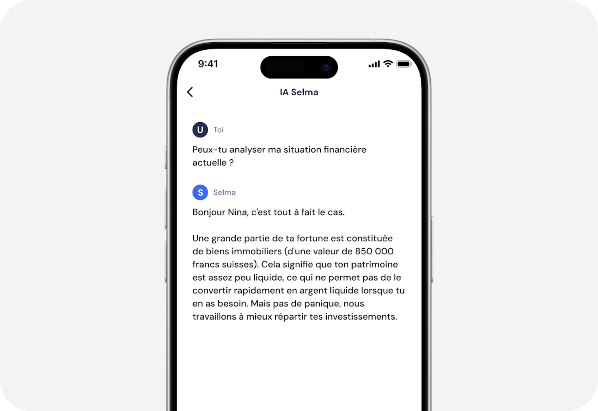 Image de Selma AI chat sur l'analyse de ta situation financière