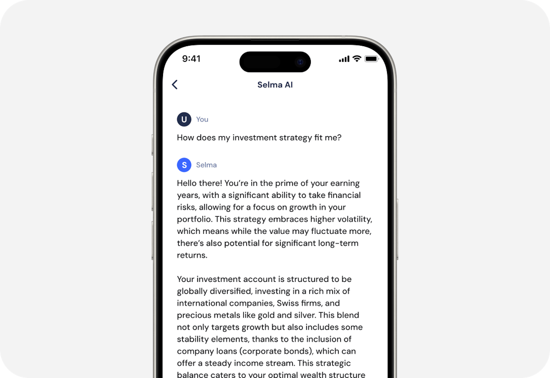 Image of Selma AI chat about investment strategy fit