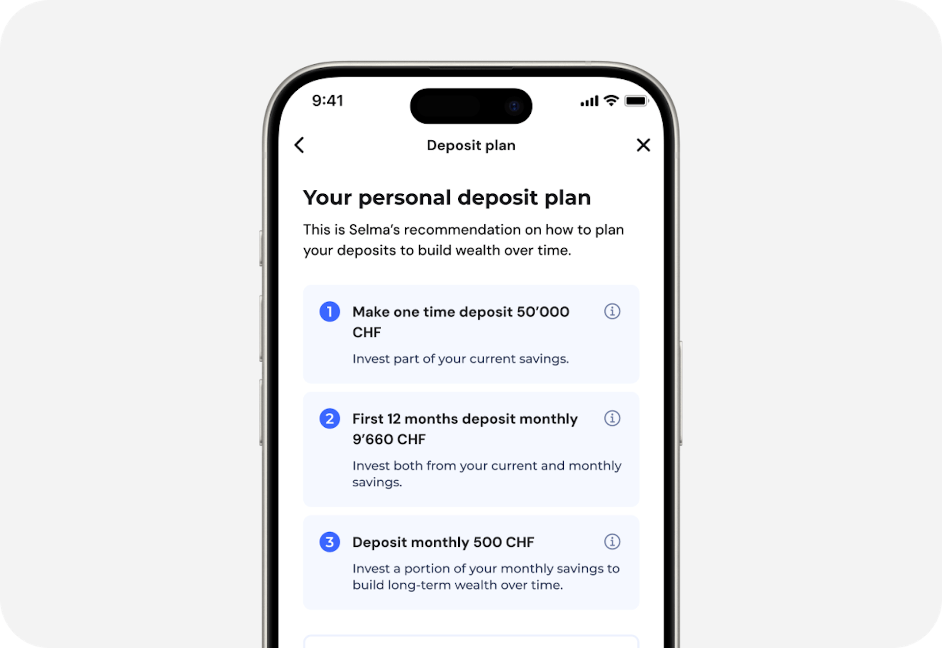 Image of a suggested personal deposit plan