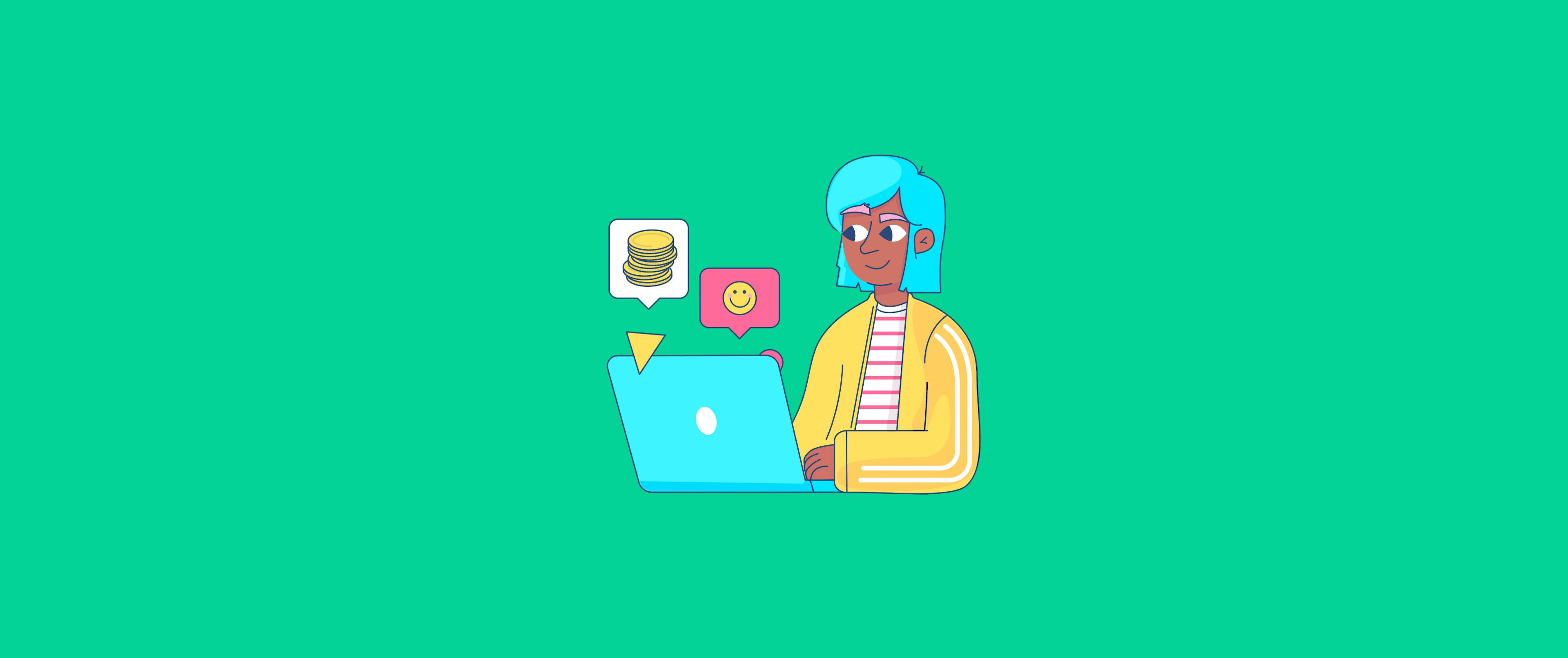 Illustrierte Frau, die am Computer sitzt und mit dem Investieren beginnt, als symbolisches Headerbild für den Artikel über Geldanlage.