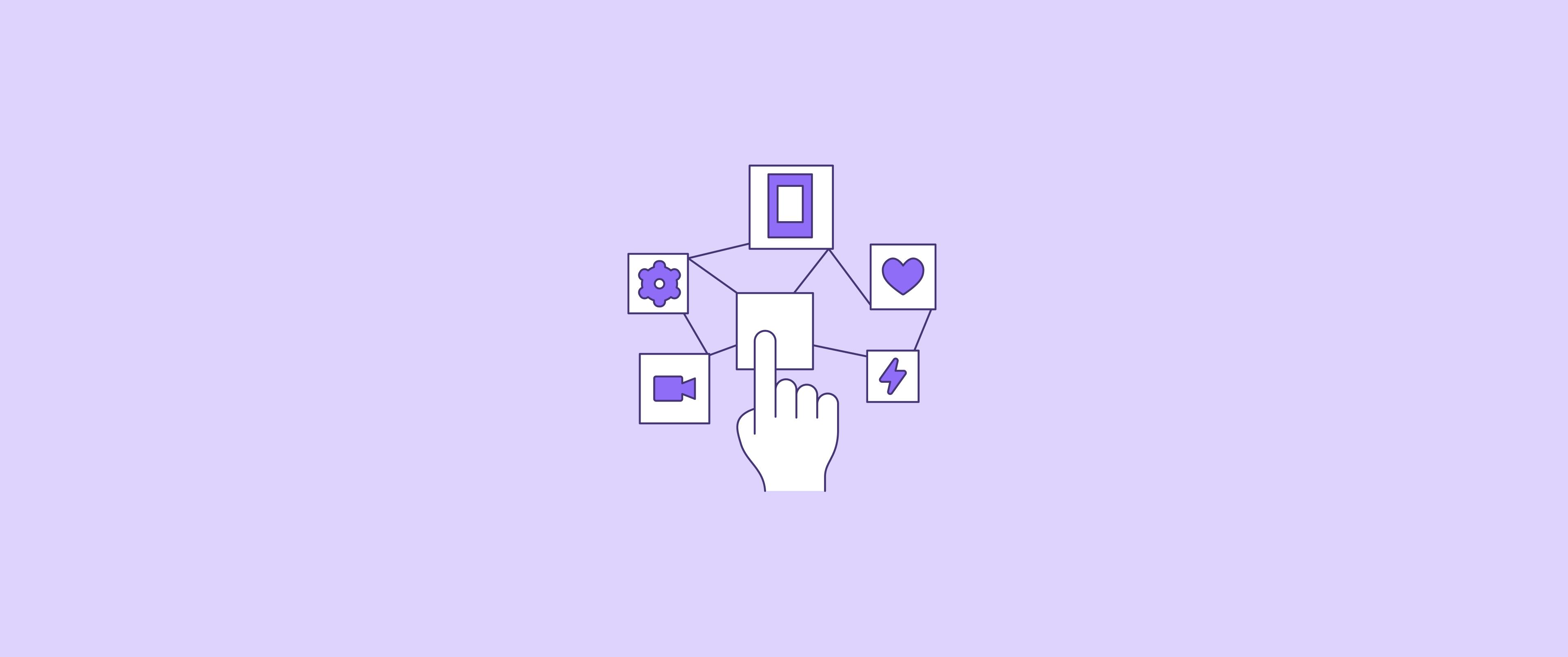 Symbolische Darstellung digitaler Vermögensverwaltung: Eine Hand tippt auf ein zentrales Icon, das mit verschiedenen Finanz- und Technologiefunktionen vernetzt ist.