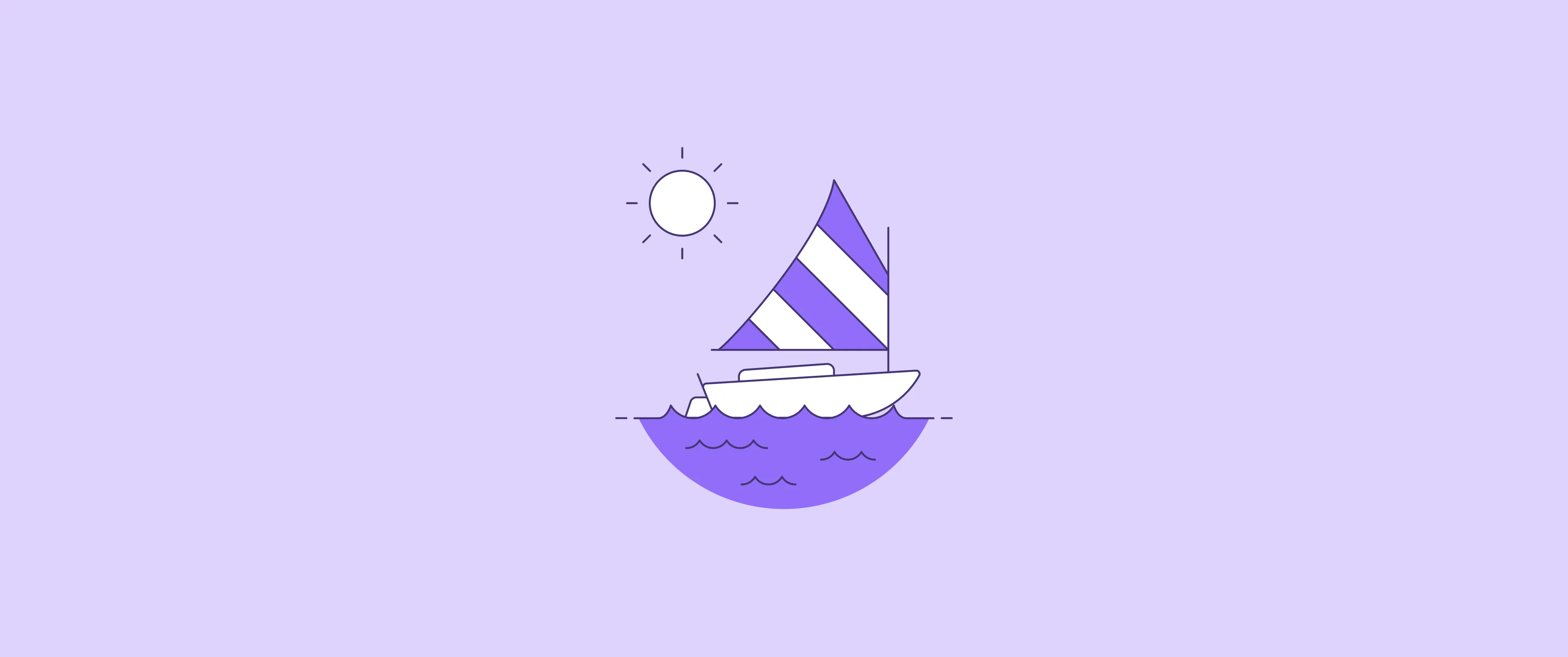 Segelboot mit violett gestreiftem Segel auf ruhigem Wasser unter einer Sonne — stilisierte Illustration in Violetttönen.