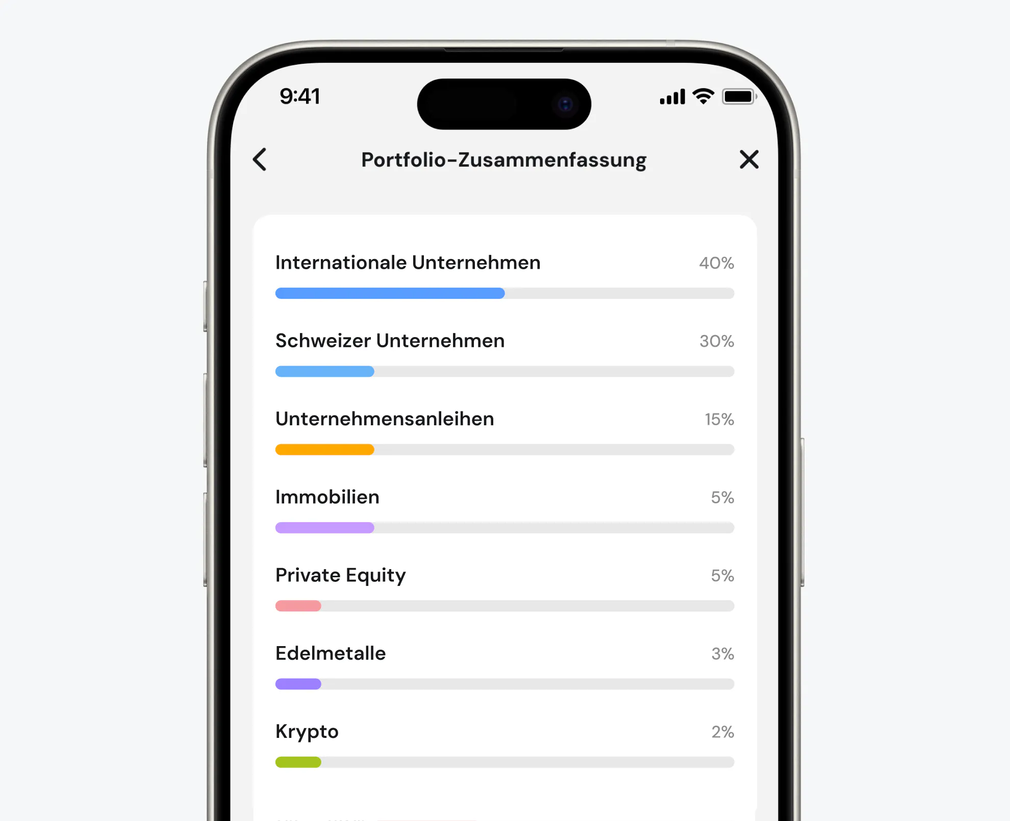 Ein Screen aus der Selma App der ein Portfolio mit einer Krypto Allokation zeigt.