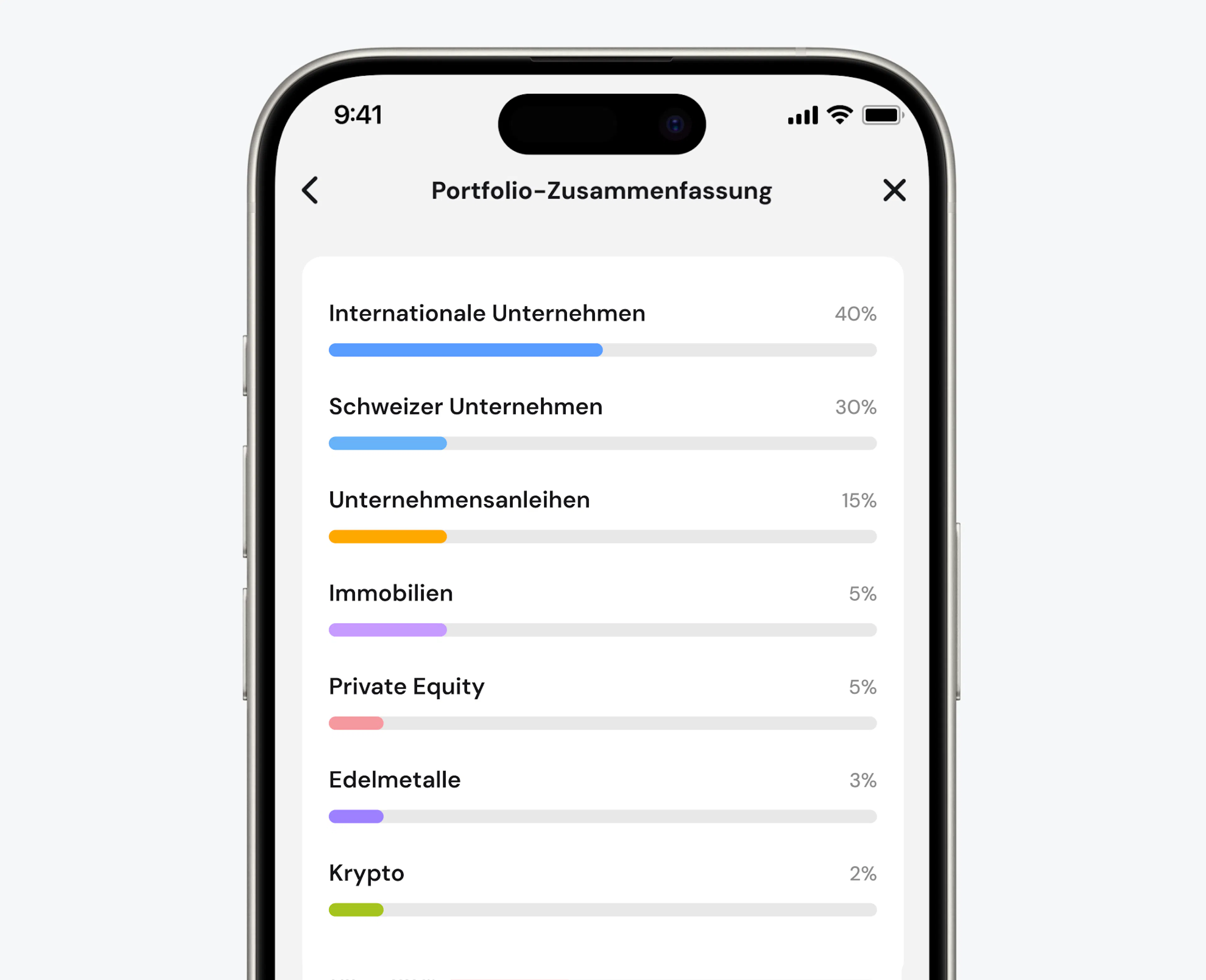 Ein Screen aus der Selma App der ein Portfolio mit einer Krypto Allokation zeigt.