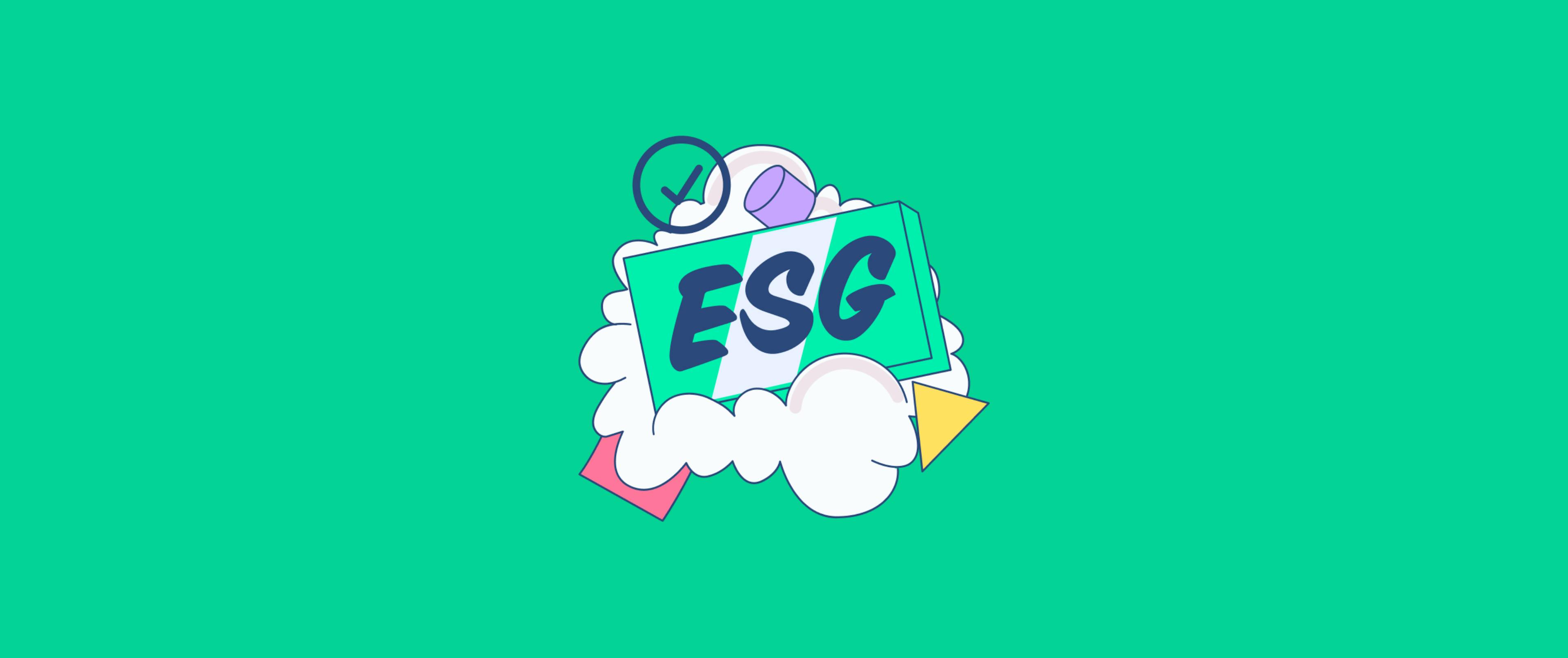 Header-Bild mit grünem Hintergrund, das nachhaltiges Investieren durch ESG-Wolken und umweltfreundliche Symbole illustriert.