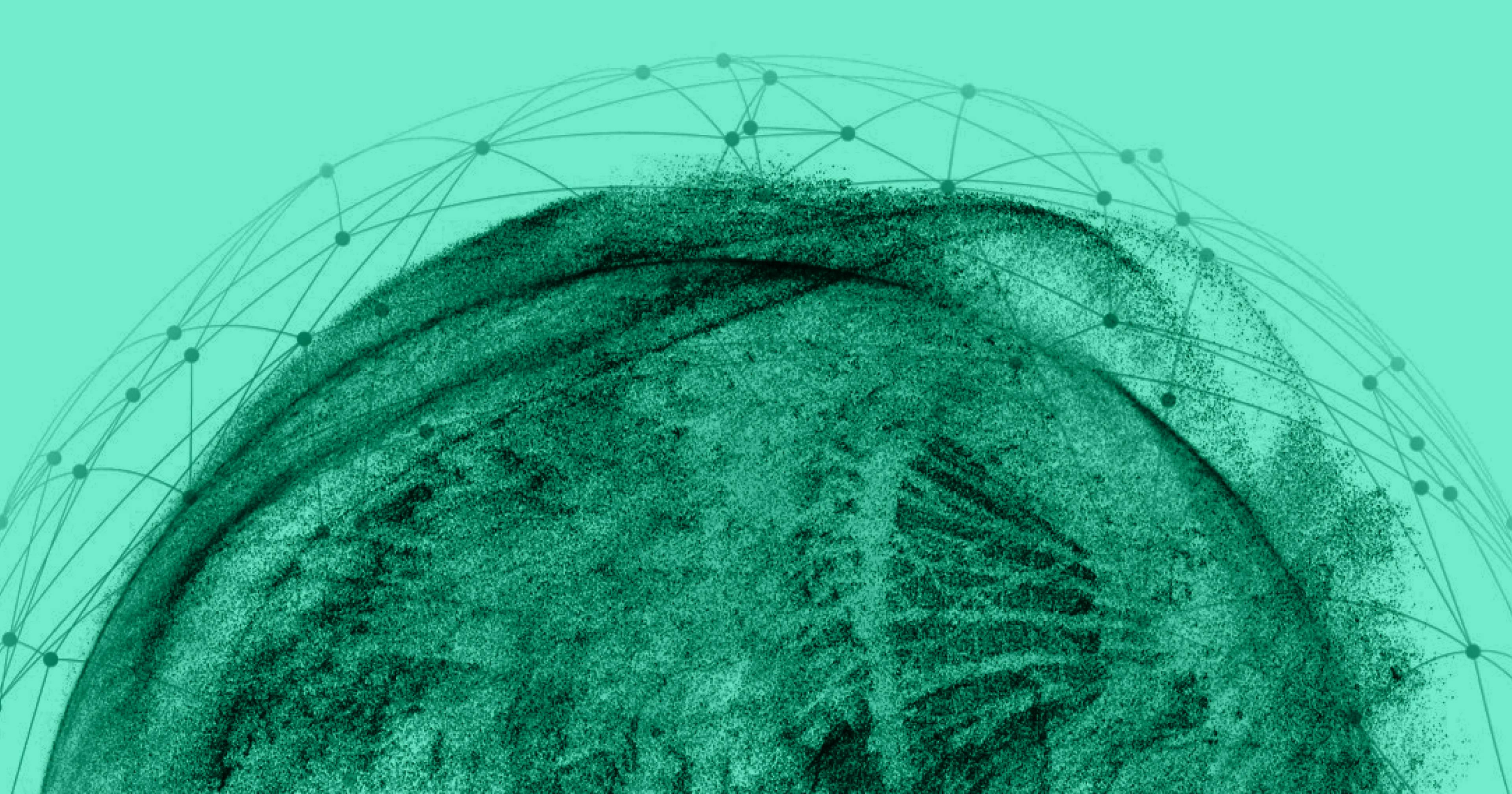 image depicting the complexity of the human world with a zoomed out globe made up of intricate, seemingly moving parts and a network of nodes and connections encircling it