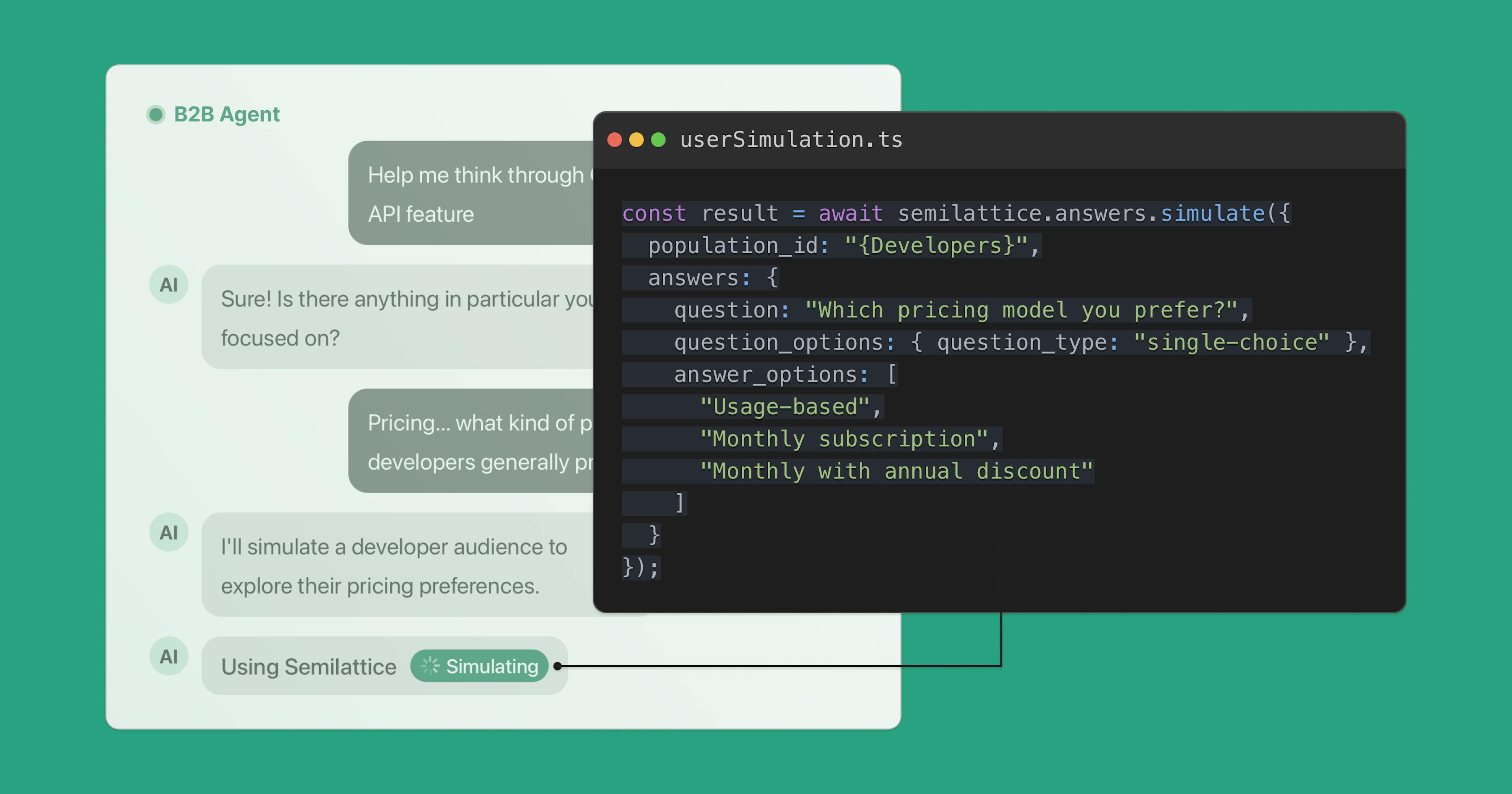 UI mock showing a B2B Agent chat interface, with the agent running a simulation with Semilattice plus the code showing how that simulation would be generated