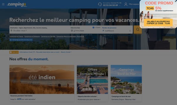 Campings.com, campagne code promotionnel avec Wisepops
