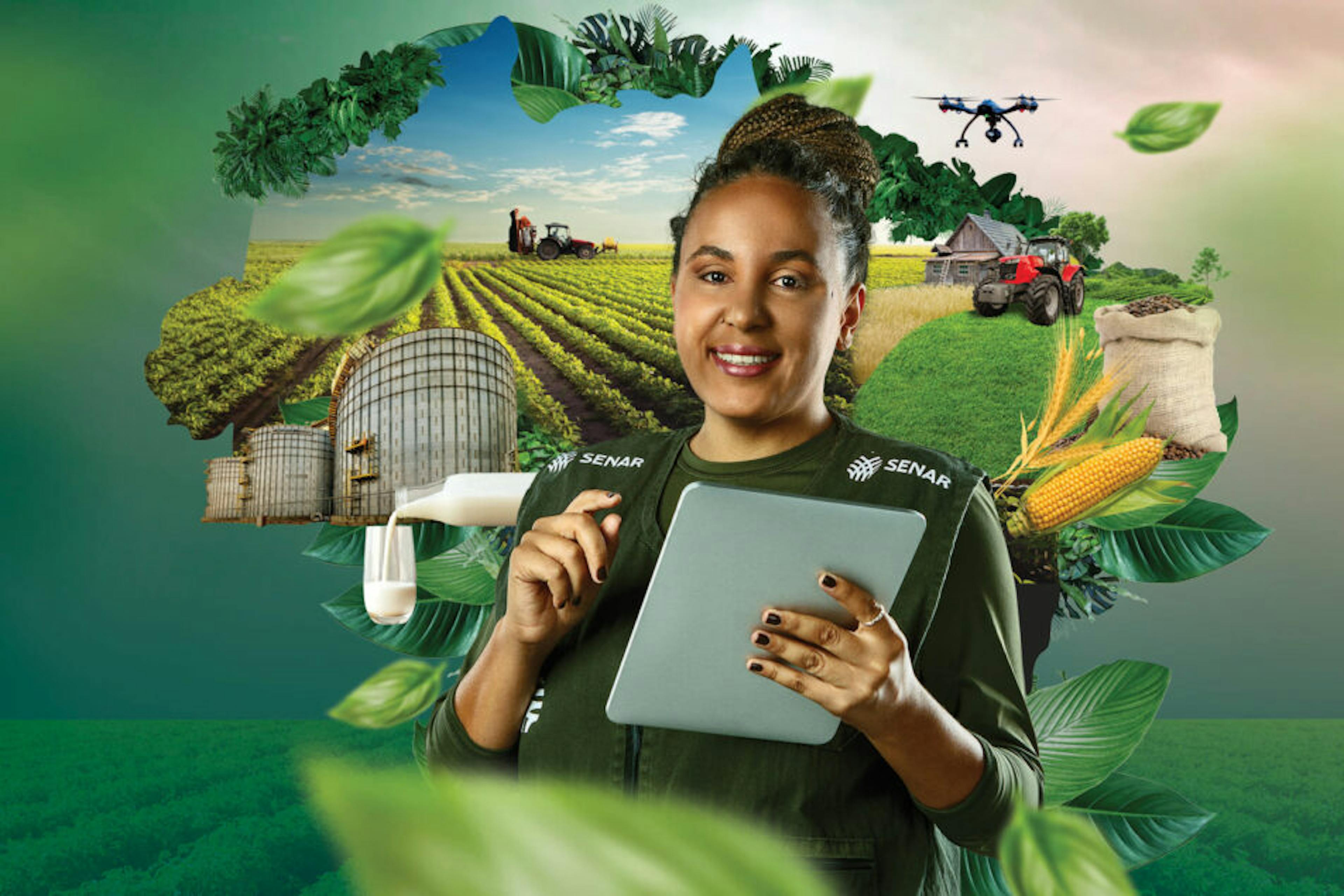 Imagem de mulher segurando um tablet em meio a um ambiente rural.