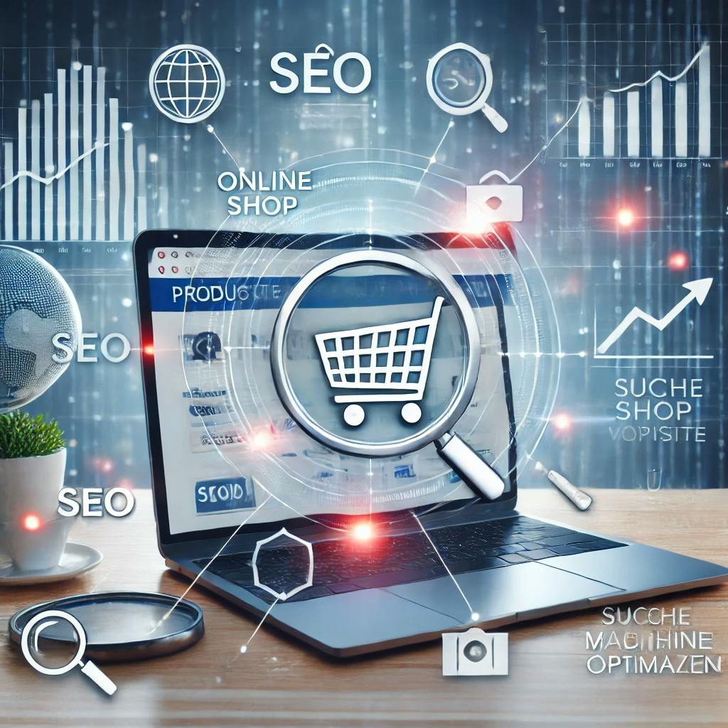 SEO für Onlineshops. Ein Computer welche den Fokus auf einen Einkaufswagen hat.