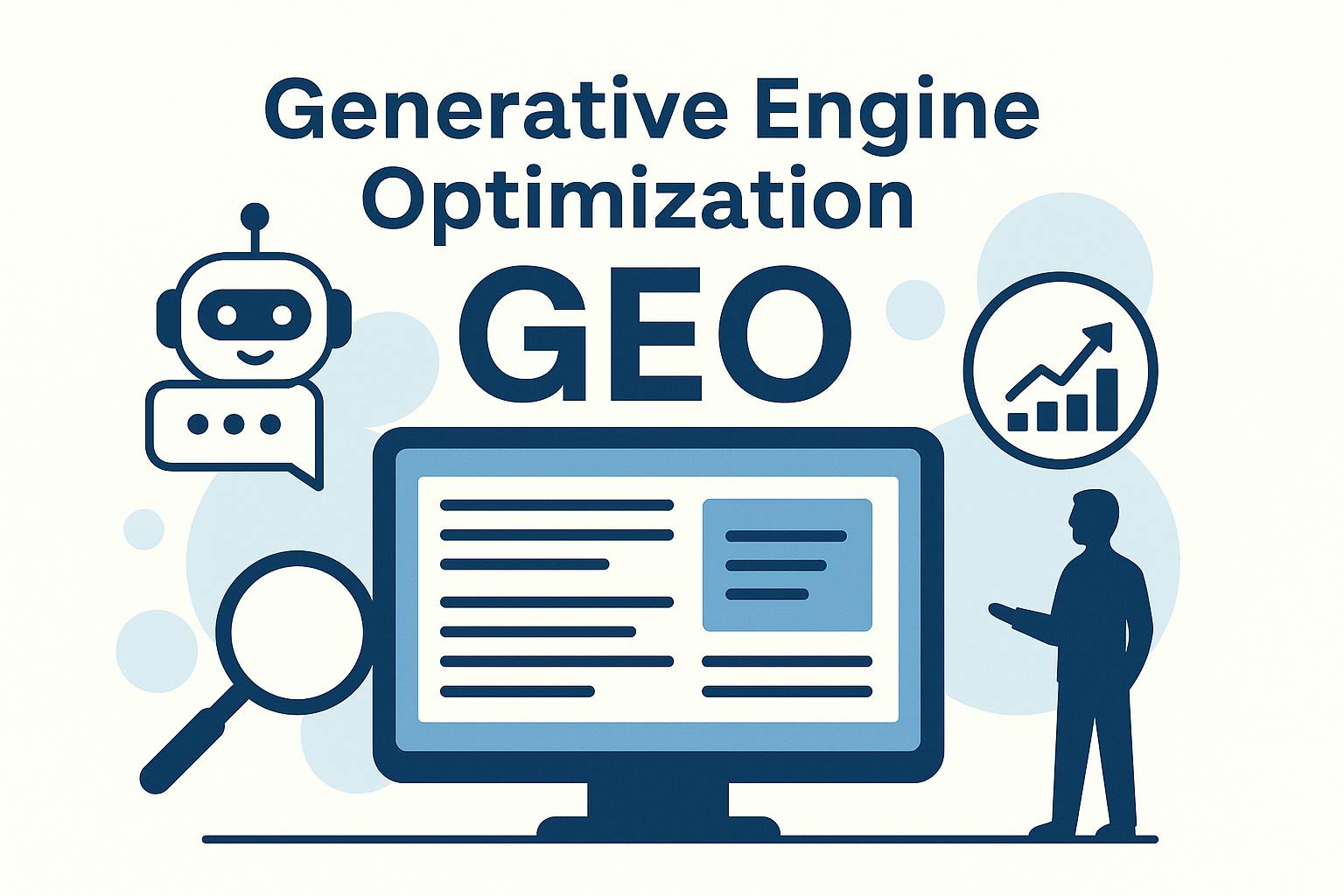 Illustration zum Thema Generative Engine Optimization (GEO) mit Symbolen für KI, Chatbot, Webanalyse, Textstrukturierung – gestaltet im Flat-Design-Stil auf hellem Hintergrund.