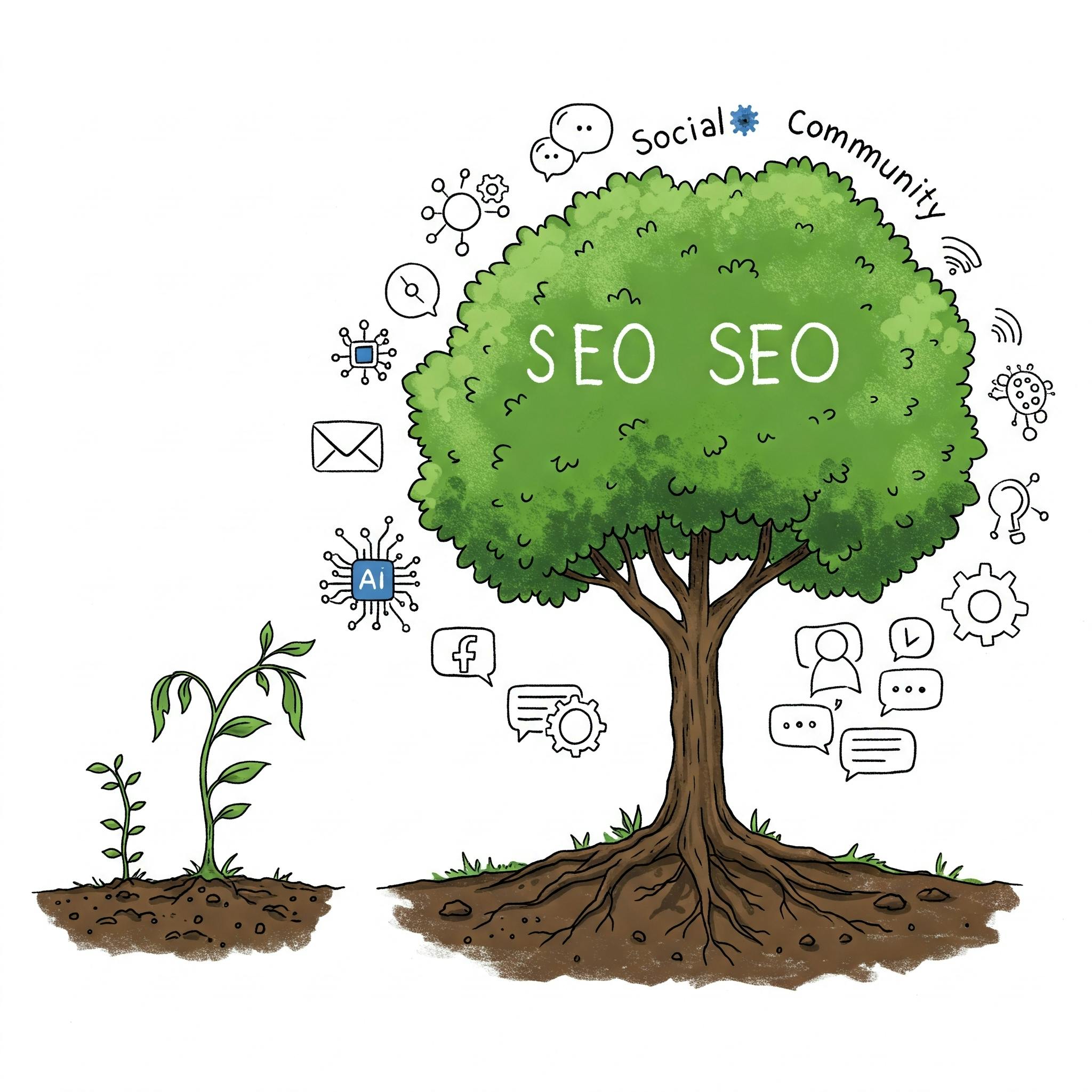 Ein Bild, das die Entwicklung von SEO darstellt. Links eine kleine Pflanze für das frühere, einfachere SEO. Rechts ein großer, gesunder Baum mit Wurzeln und Blättern, die KI-Chips, Social-Media-Symbole und Community-Sprechblasen tragen, symbolisierend das umfassendere, moderne SEO.