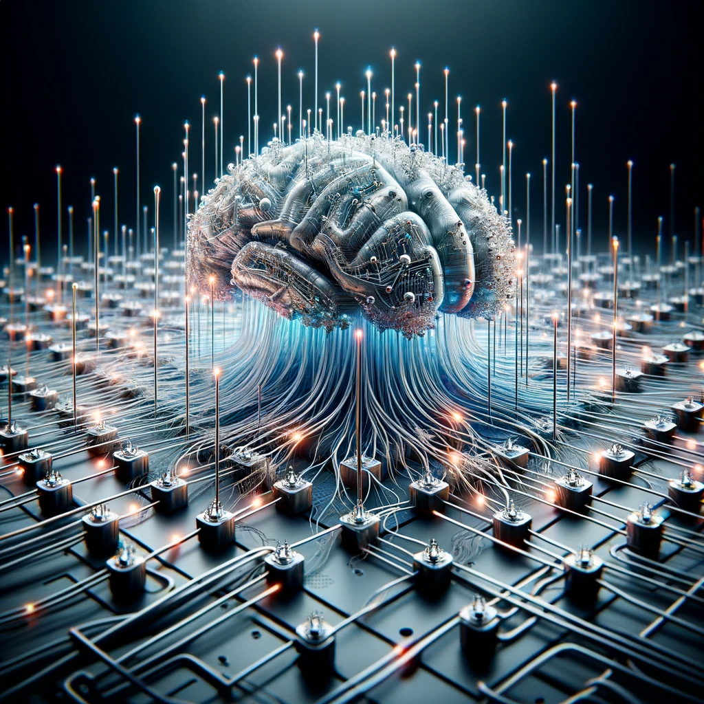 Innovations from the California NanoSystems Institute. AI image of a brain with probes.
