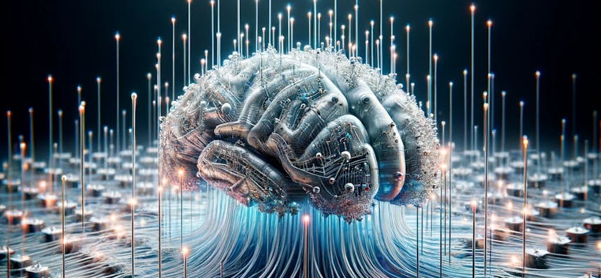 Innovations from the California NanoSystems Institute. AI image of a brain with probes.