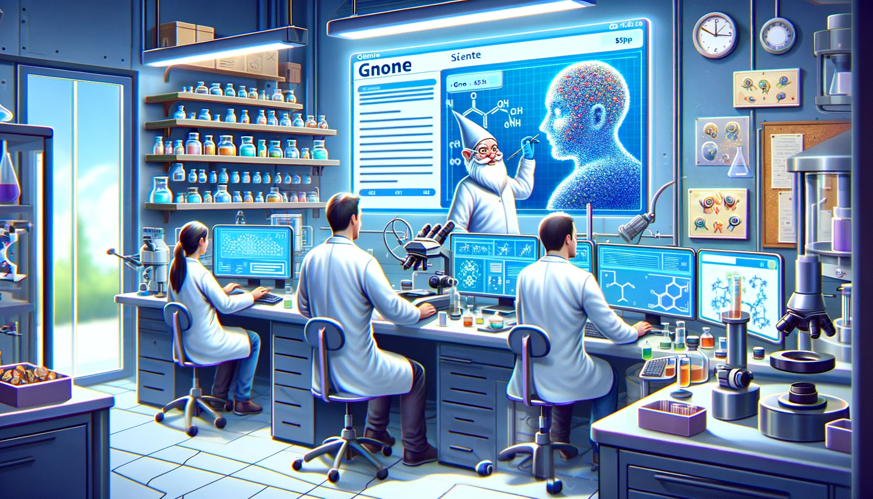 Scientists and a literal Gnome evaluating the results of GNoME