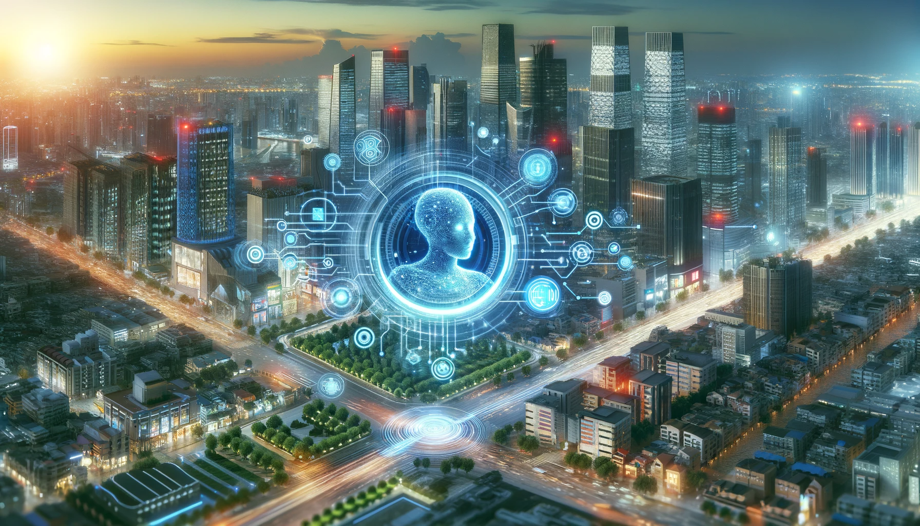 An image depicting AI controlling different functions of a city
