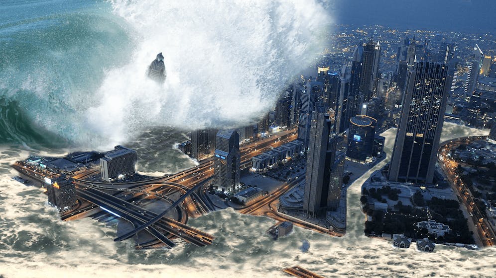 Tsunami crashing into city