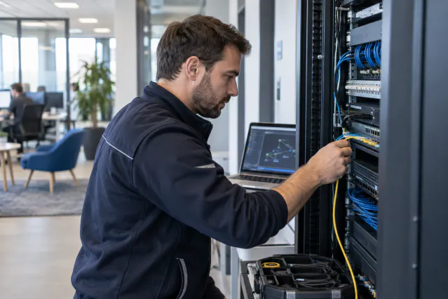 Technicien installant une connexion FTTE dans une entreprise