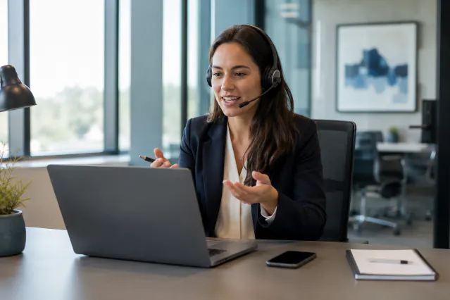 Professionnelle utilisant un softphone sur son ordinateur
