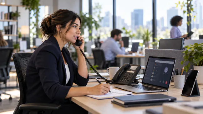 Équipe utilisant un standard téléphonique pro pour gérer les appels