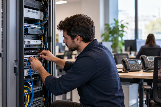 Technicien administrant un PABX dans une entreprise