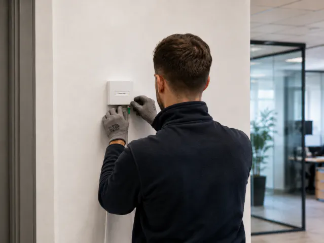 Technicien de dos installant une prise terminale optique (PTO) sur le mur d’un bureau d’entreprise.