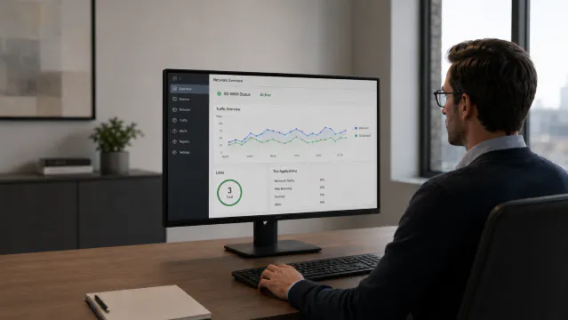 Administrateur réseau supervisant une interface SD-WAN depuis son ordinateur dans un bureau d’entreprise sobre.