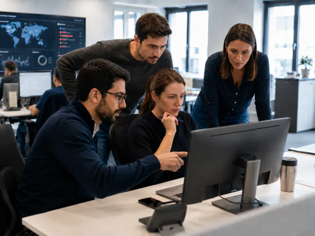 Équipe cybersécurité analysant un incident informatique sur un écran de supervision dans un bureau.