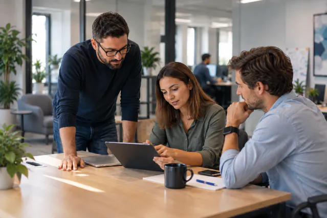 Équipe IT réunie autour d’une tablette dans un bureau moderne pour superviser une infrastructure hyperconvergée.
