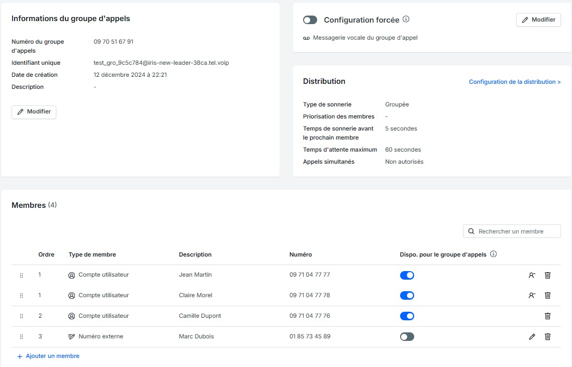 interface Groupes d'appels Sewan