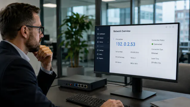Adresse IPv4 affichée sur un écran dans un bureau d’entreprise