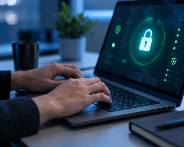 Mains sur le clavier d'un ordinateur portable dont l'écran affiche un cadenas de sécurité