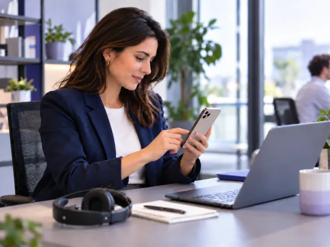 Professionnelle consultant sa messagerie vocale sur son smartphone