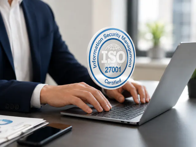 Professionnel utilisant un ordinateur portable avec le logo de la certification ISO 27001