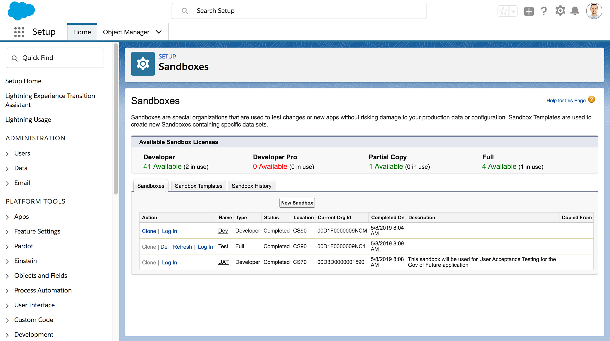 different sandboxes in salesforce