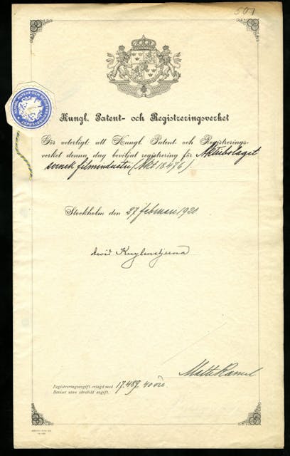 Formal approval from the Patent and Registration Office on the founding of Aktiebolaget Svensk Filmindustri, February 1920. (From AB Svensk Filmindustri's archive with the Centre for Business History in Stockholm.)