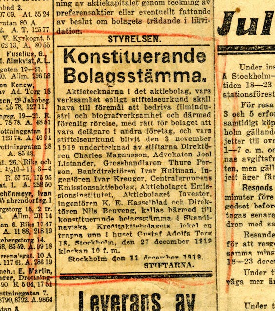 Notice of the statutory general meeting in December 1919. (From AB Svensk Filmindustri's archive with the Centre for Business History in Stockholm.)