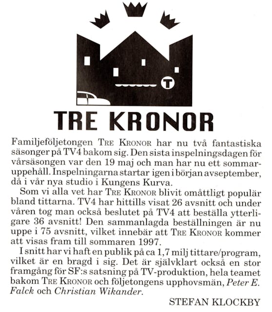 An article about Tre kronor from SF-journalen in June 1995. From AB Svensk Filmindustri’s archive at the Centre for Business History in Stockholm
