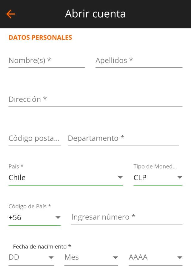 Ejemplo de formulario de registro de un casino online de Chile.