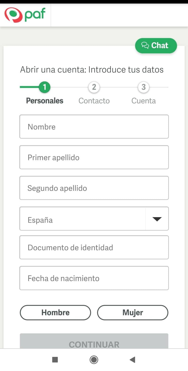 Formulario de registro de Paf España.