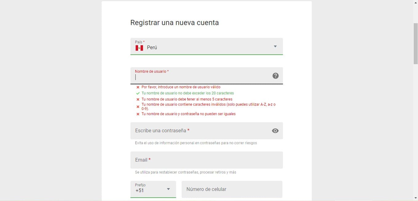 Formulario de registro de Spin Casino Perú